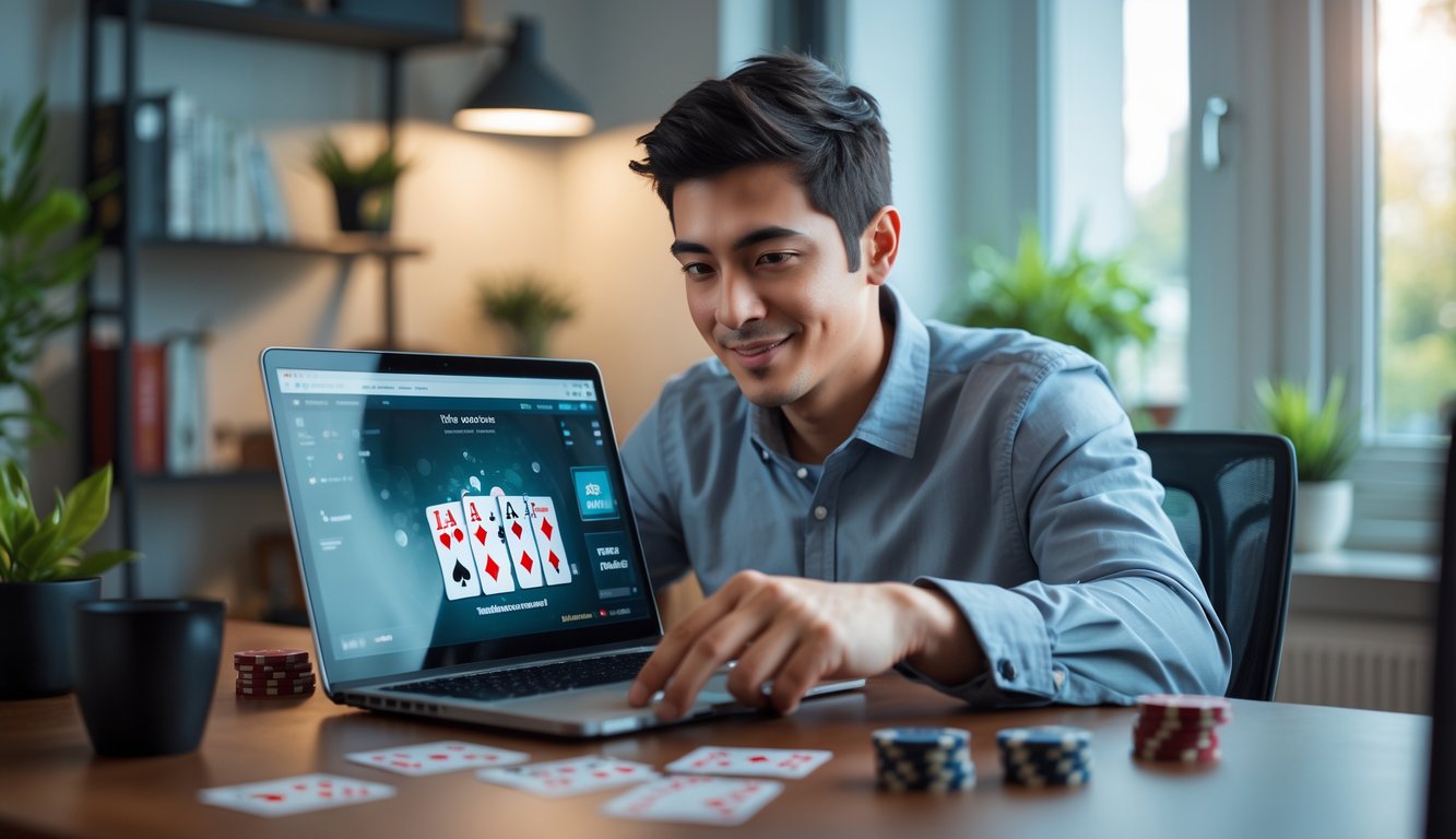 Seorang dewasa muda sedang bermain permainan kartu online di laptop di ruang kerja rumah yang terang dan rapi.