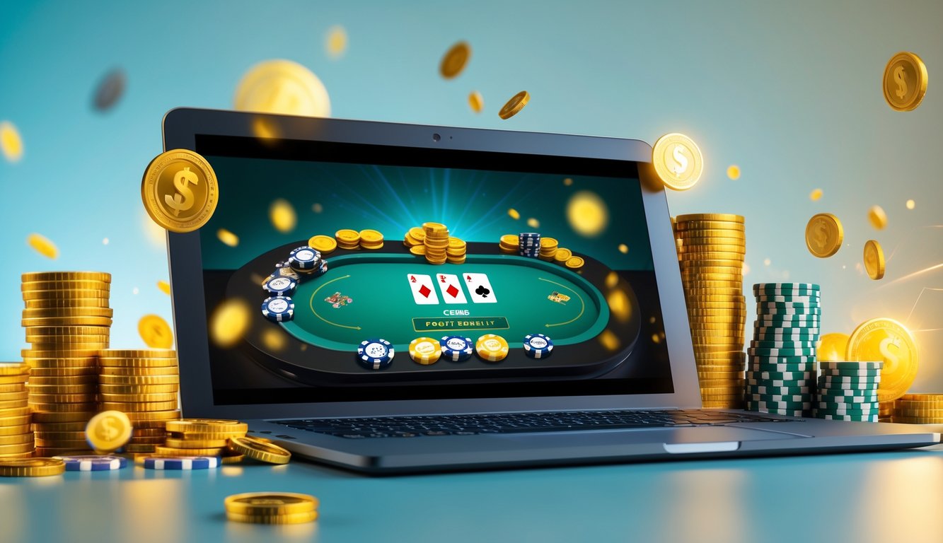 Suasana permainan Ceme online dengan layar perangkat menampilkan meja permainan dan tumpukan chip serta koin yang bersinar.