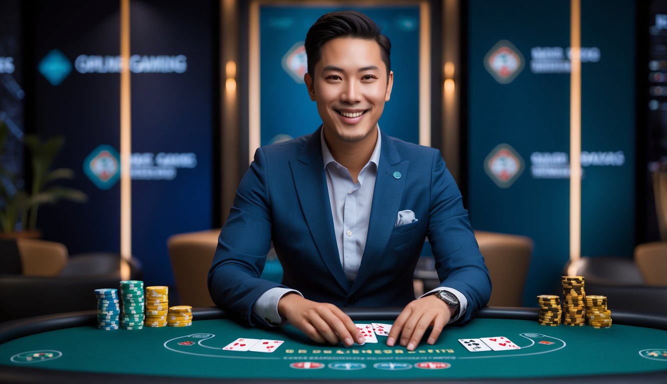 Seorang dealer live yang ramah duduk di meja permainan modern dengan kartu dan chip, di studio yang terang dan profesional.