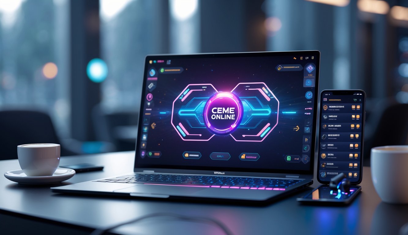 Seorang pemain menggunakan laptop dengan tampilan permainan kartu digital di meja kerja modern.