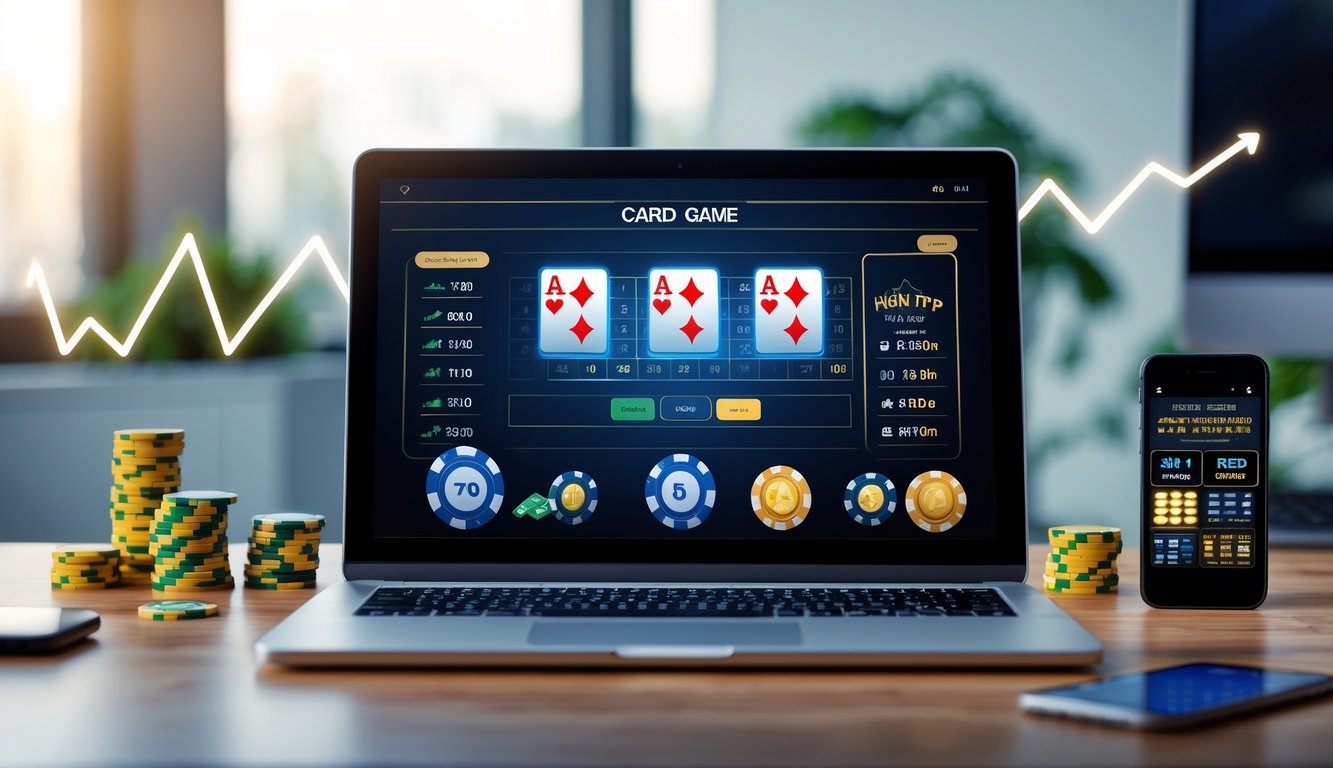 Seorang pria menggunakan laptop di meja kayu dengan tampilan permainan kartu digital di layar, dikelilingi oleh elemen-elemen yang menunjukkan situs judi online dengan RTP tinggi.