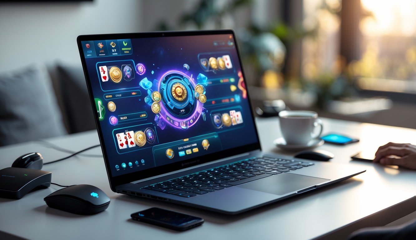 Seorang pemain menggunakan laptop dengan tampilan permainan kartu digital di meja kerja yang rapi.