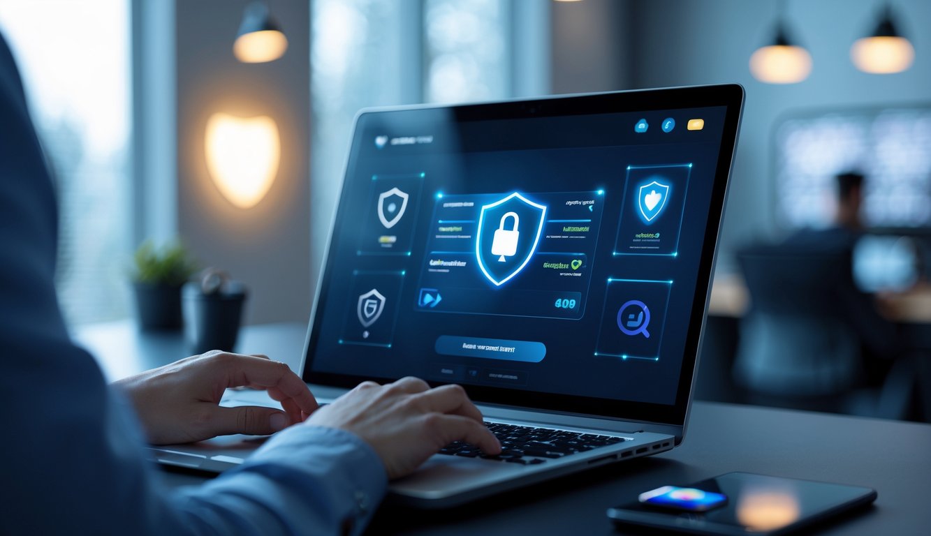 Seseorang menggunakan laptop dengan permainan kartu online di layar dalam suasana kerja yang aman dan resmi.