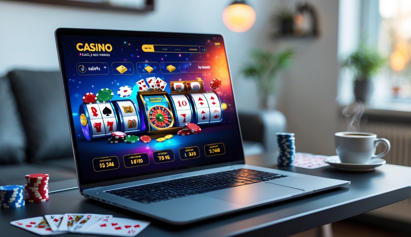 Seorang pengguna sedang bermain permainan kasino online di laptop di ruang tamu yang rapi dengan pencahayaan hangat.