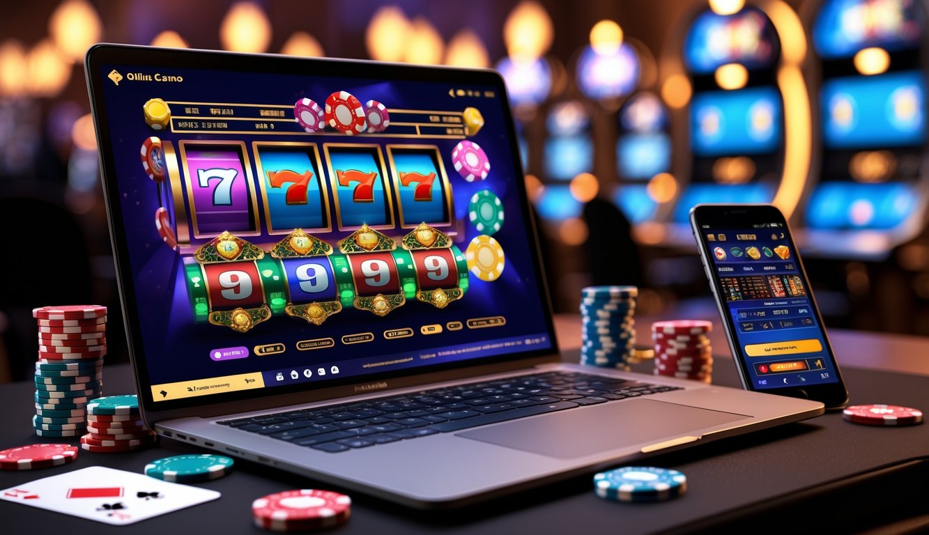 Sebuah laptop dengan tampilan permainan kasino online, dikelilingi oleh chip poker dan kartu bermain di atas meja.