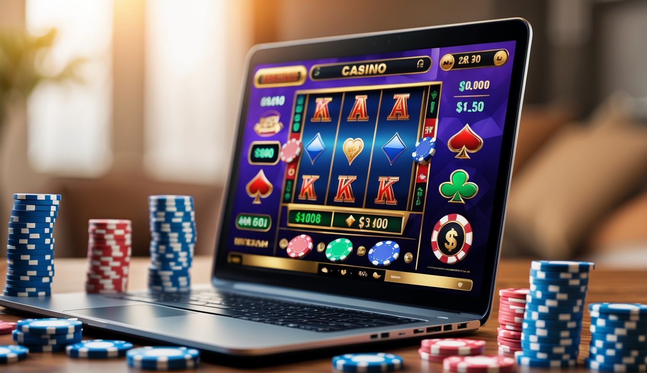 Seorang pengguna sedang bermain kasino online dengan laptop, dikelilingi oleh tumpukan uang dan chip poker.