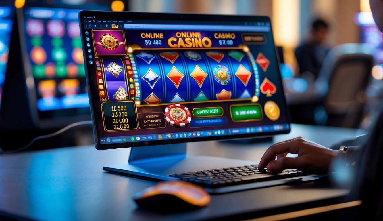 Seseorang sedang bermain permainan kasino online menggunakan komputer di meja kerja.