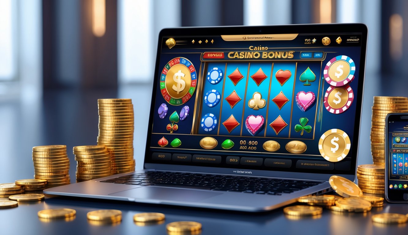 Seorang pria menggunakan laptop dengan tampilan permainan kasino online dan tumpukan chip kasino di sekitarnya.