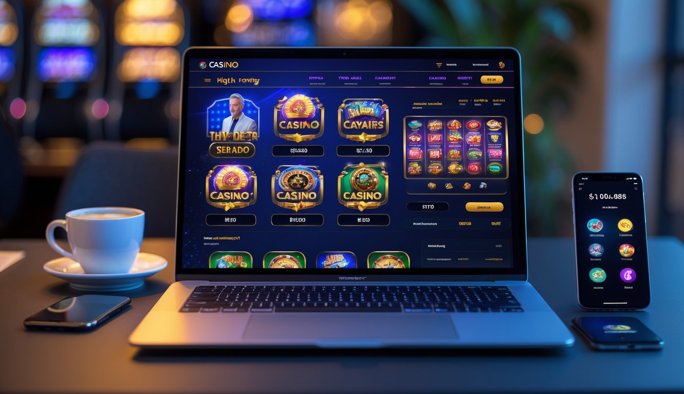 Seorang pengguna sedang menggunakan laptop dengan tampilan situs kasino online di meja kerja modern.