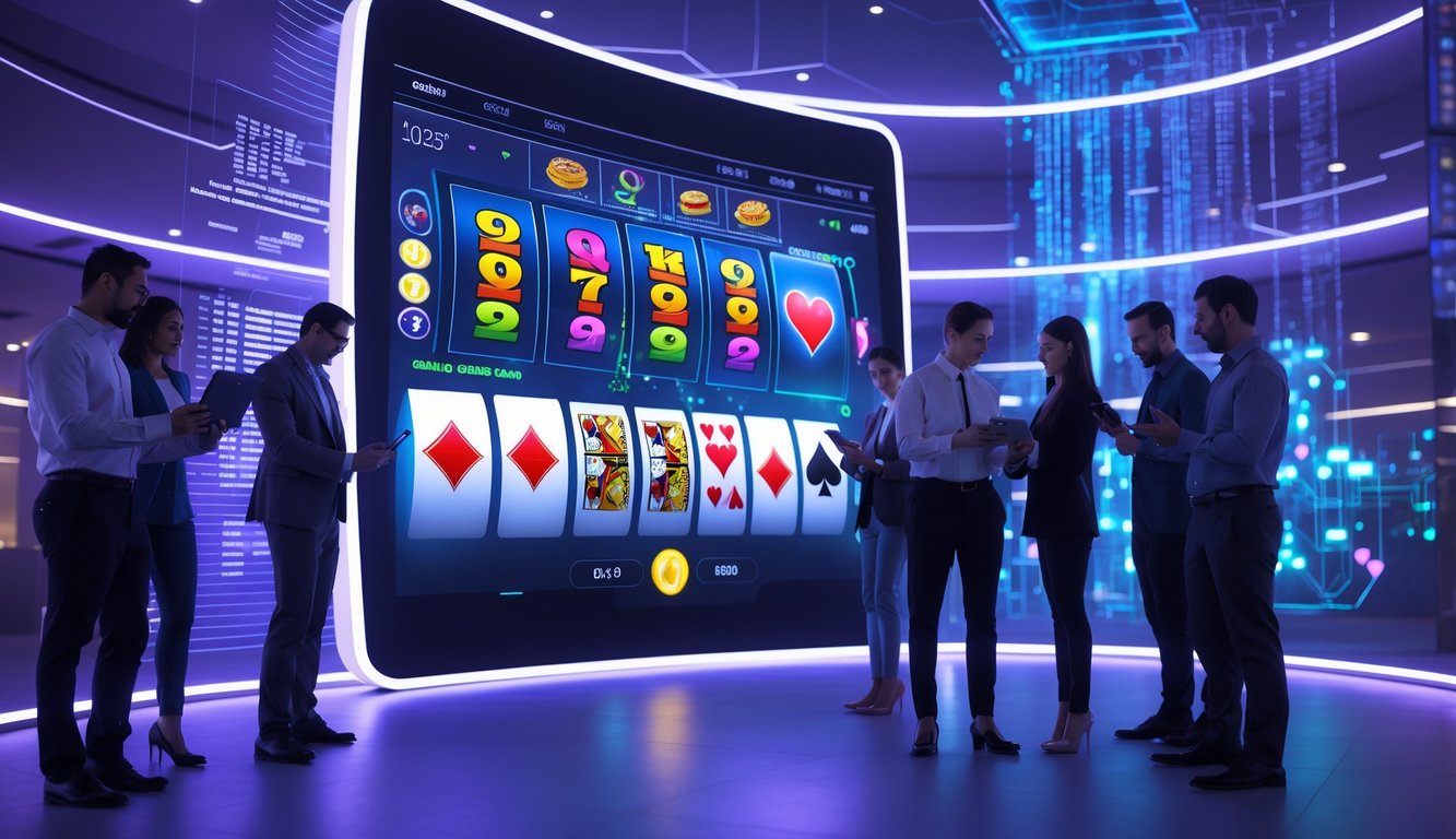 Orang-orang menggunakan perangkat digital untuk bermain kasino online dengan latar belakang layar komputer futuristik dan lampu neon.