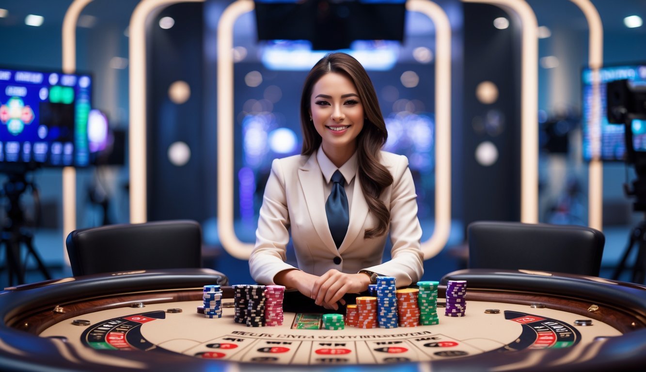 Seorang dealer kasino wanita duduk di meja kasino dengan kartu dan chip, di studio kasino online yang modern.