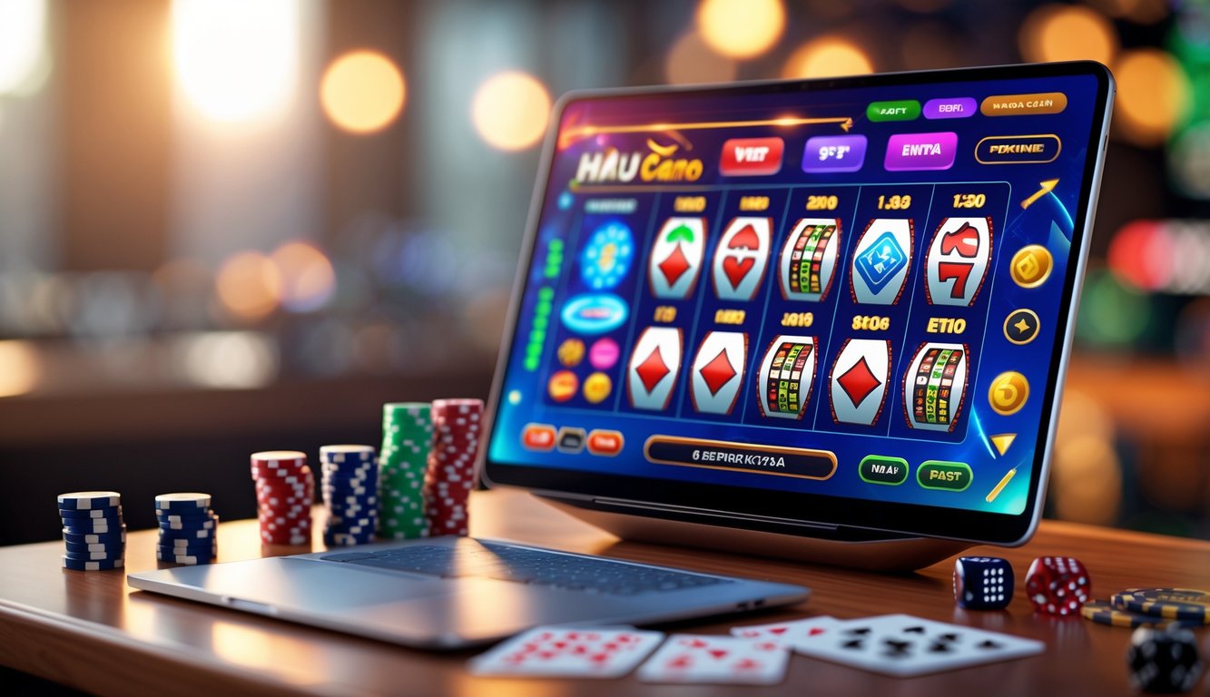 Tampilan komputer dengan permainan kasino online populer, dikelilingi chip poker, kartu remi, dan dadu di atas meja kayu.