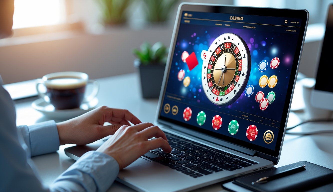 Seorang pengguna sedang bermain permainan kasino online di laptop dengan latar belakang meja kerja yang rapi.