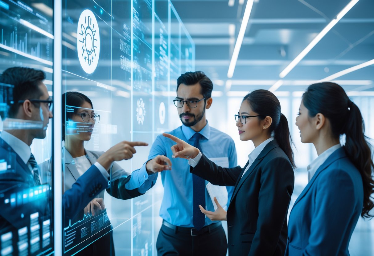 Des professionnels analysant des données numériques sur des écrans transparents dans un bureau moderne, illustrant l'utilisation de l'intelligence artificielle pour la détection des appels d'offres.