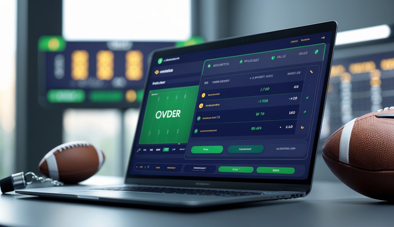 Seseorang menggunakan laptop dengan tampilan antarmuka taruhan olahraga online yang menampilkan opsi taruhan Over/Under, dengan bola sepak dan peluit wasit di sekitar meja.