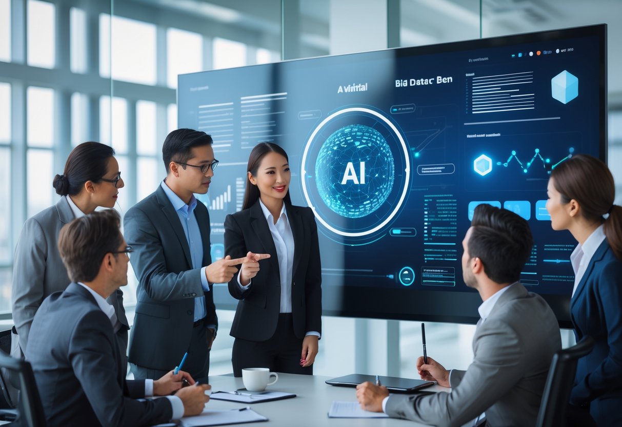 Des professionnels en réunion dans un bureau moderne, discutant devant un écran numérique affichant des graphiques liés à l'intelligence artificielle.