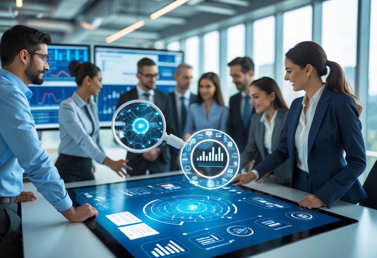 Des professionnels en réunion autour d'une table numérique affichant des graphiques et des icônes liées à l'intelligence artificielle et à la détection des appels d'offres dans un bureau moderne.