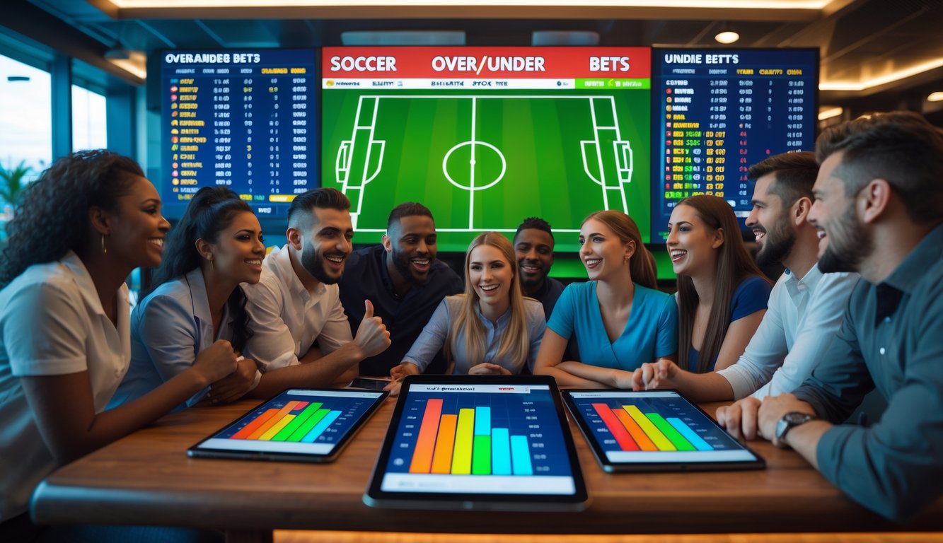 Sekelompok orang sedang melihat layar digital yang menampilkan statistik dan peluang taruhan bola dalam suasana bar olahraga modern.