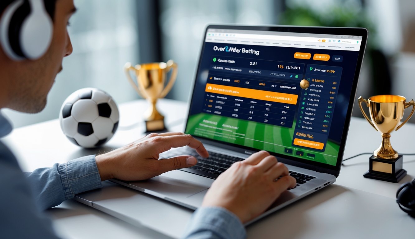 Seseorang menggunakan laptop di meja dengan gambar statistik pertandingan sepak bola dan opsi taruhan Over/Under terlihat di layar.