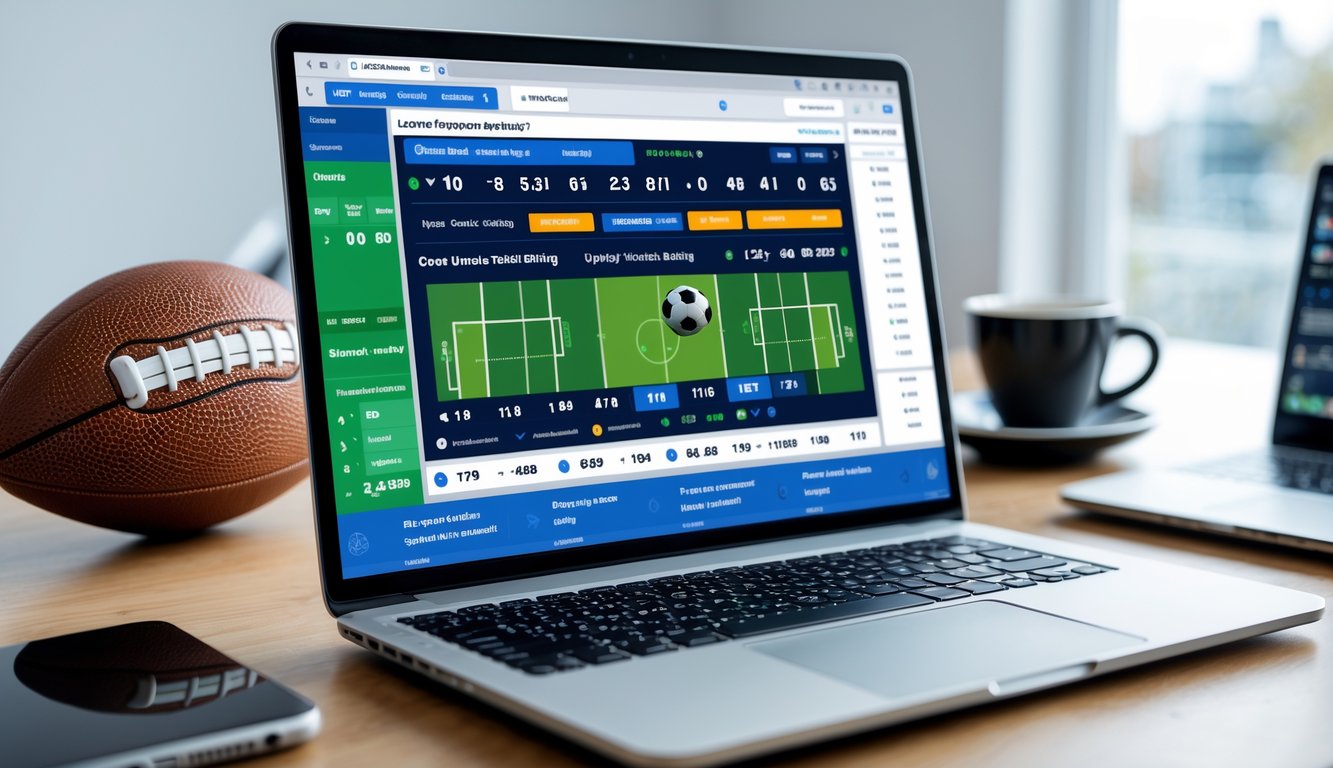 Seseorang menggunakan laptop dengan tampilan taruhan bola Over/Under di meja kerja yang rapi dengan bola sepak di sampingnya.