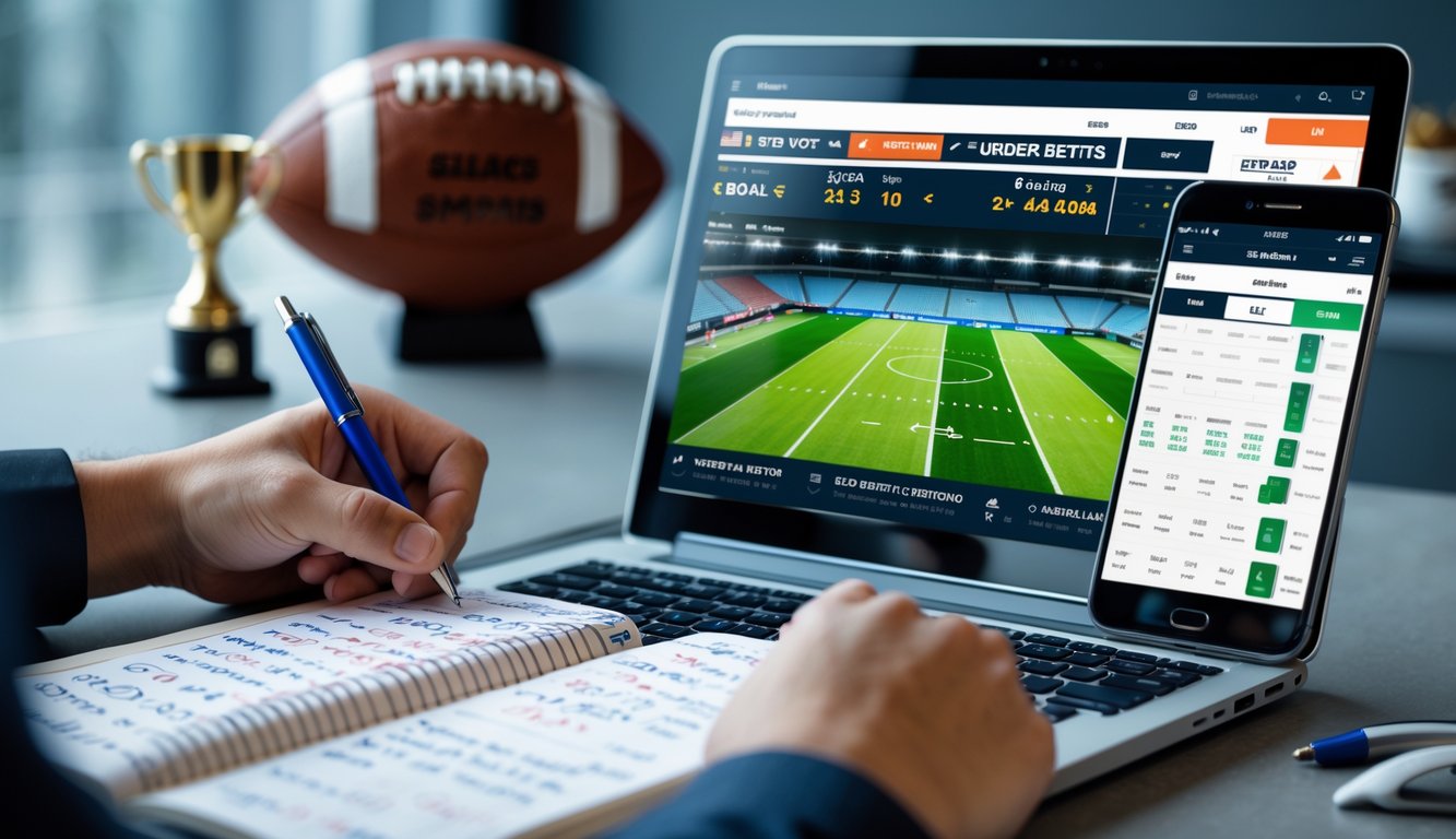 Seorang pria sedang menganalisis statistik dan peluang taruhan bola di laptop dan mencatat di buku catatan di meja kerja.