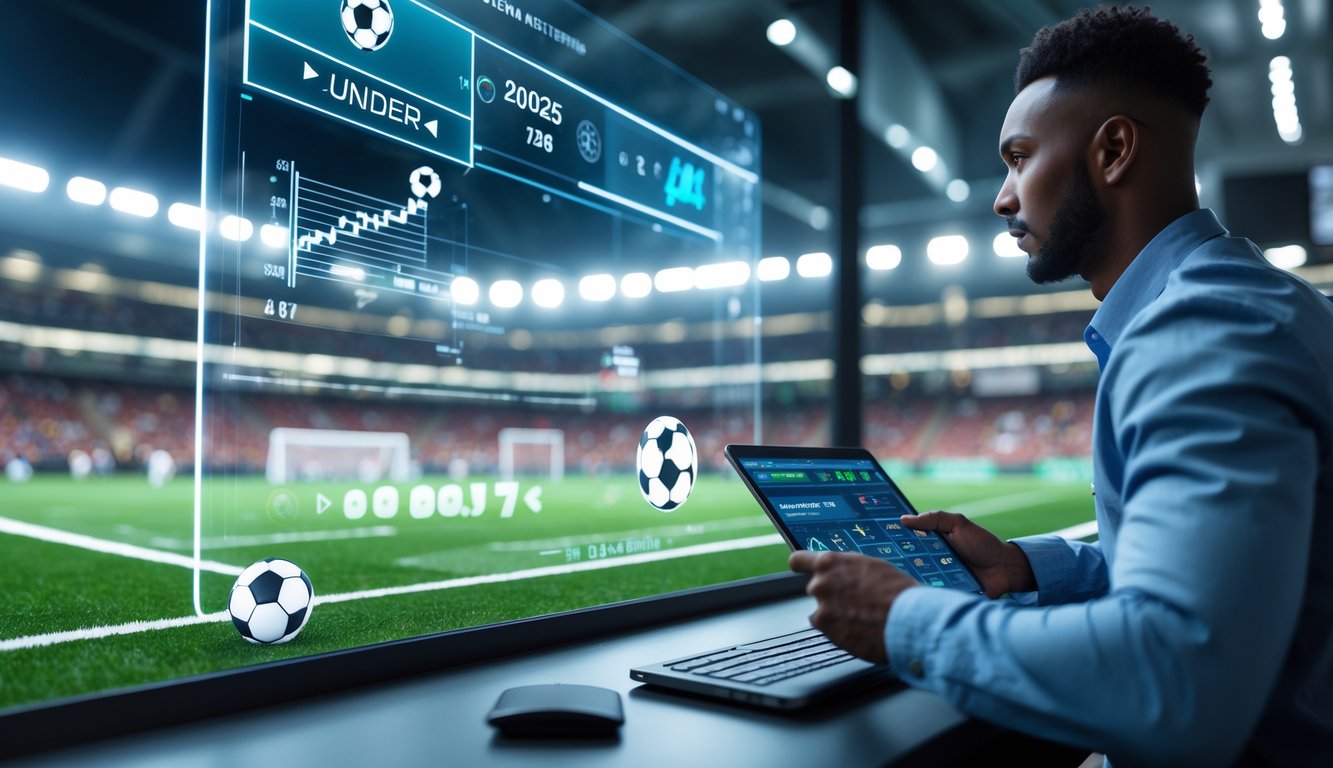 Seorang pria sedang menganalisis data taruhan sepak bola dengan latar belakang stadion penuh penonton dan layar digital menampilkan informasi taruhan over/under.
