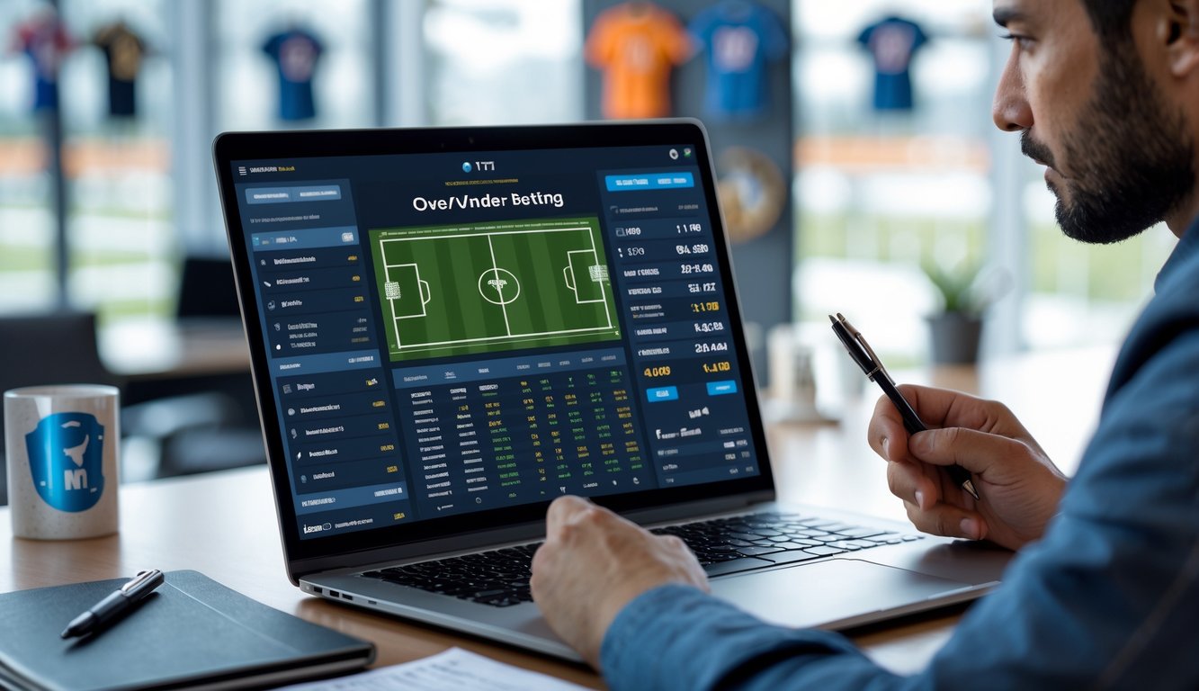 Seseorang sedang menganalisis data taruhan olahraga over/under dengan laptop di meja kerja.