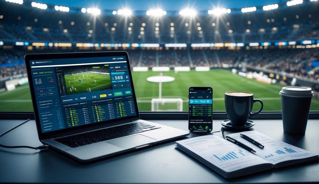 Seorang pria sedang bekerja dengan laptop dan catatan strategi taruhan sepak bola di meja, dengan stadion sepak bola yang ramai terlihat melalui jendela di belakangnya.