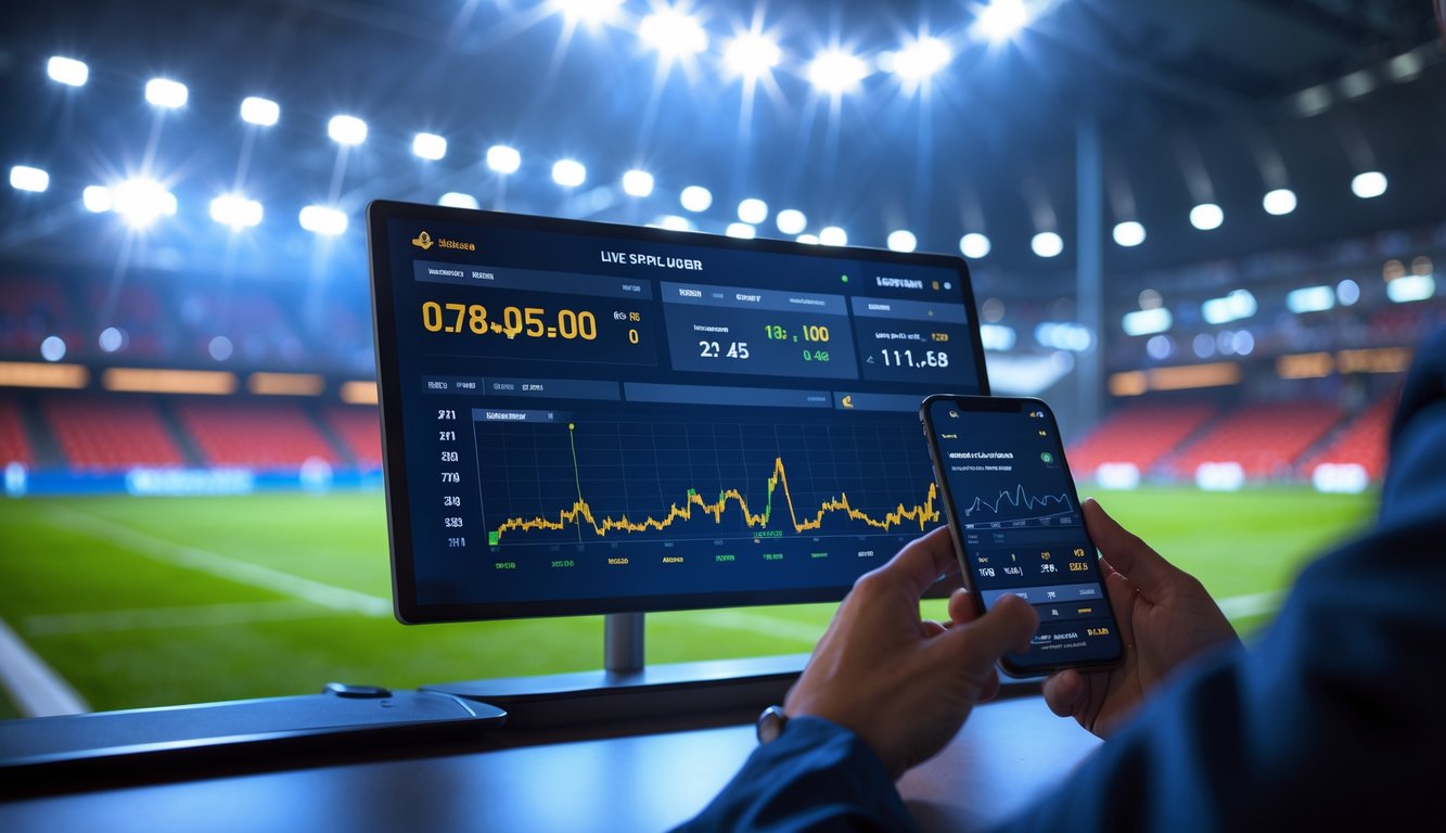 Orang menggunakan perangkat layar sentuh dengan tampilan statistik sepak bola langsung dan grafik taruhan over/under, latar belakang stadion sepak bola dengan pertandingan yang sedang berlangsung.