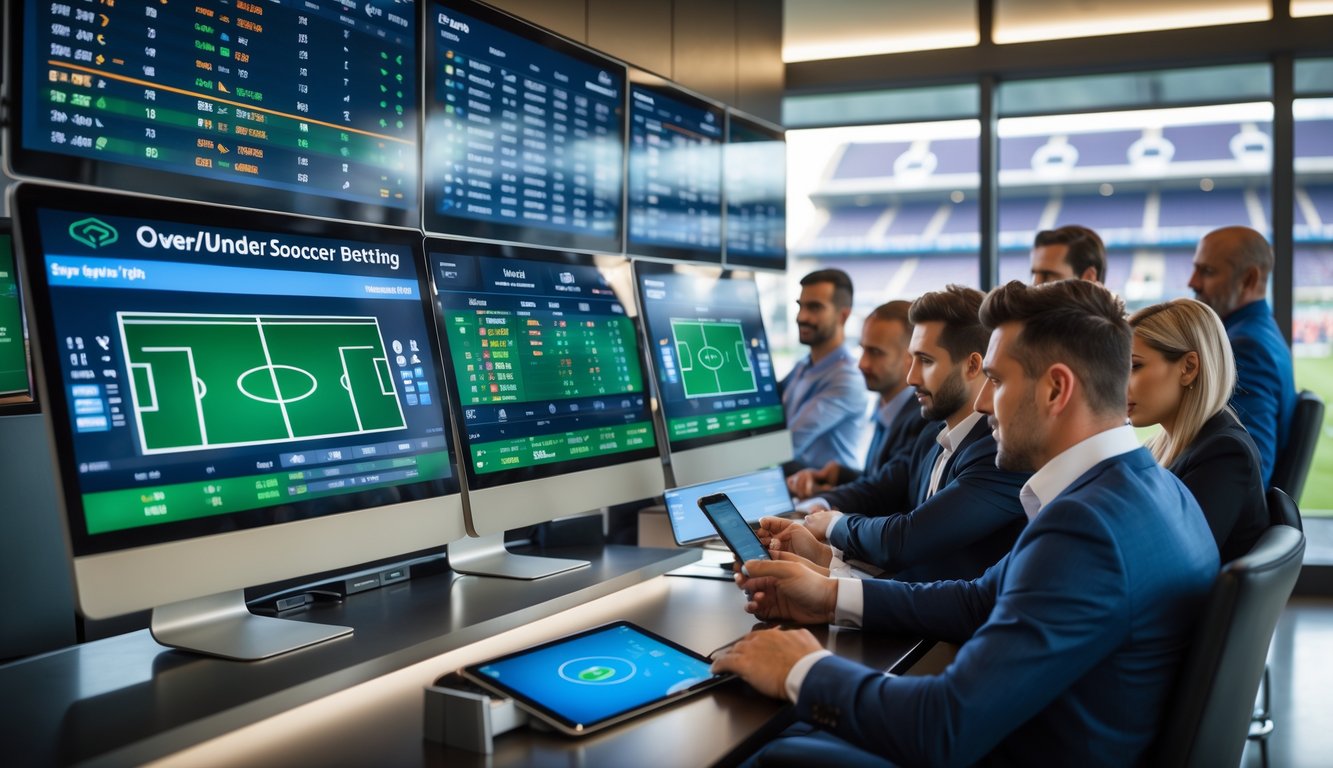 Beberapa orang sedang melihat layar digital yang menampilkan data pertandingan sepak bola di sebuah ruangan modern.