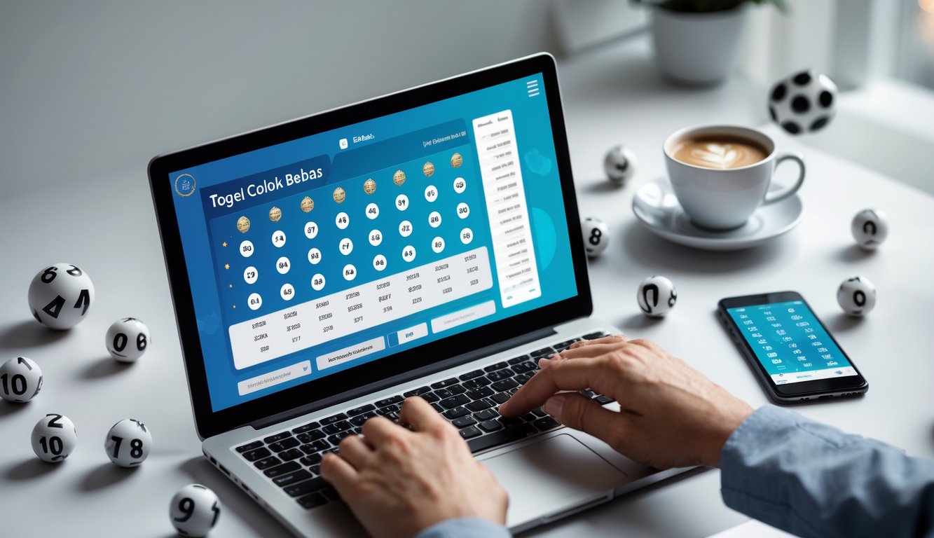 Seseorang menggunakan laptop di meja kerja dengan bola lotere dan ponsel di sekitar, menggambarkan aktivitas togel online.