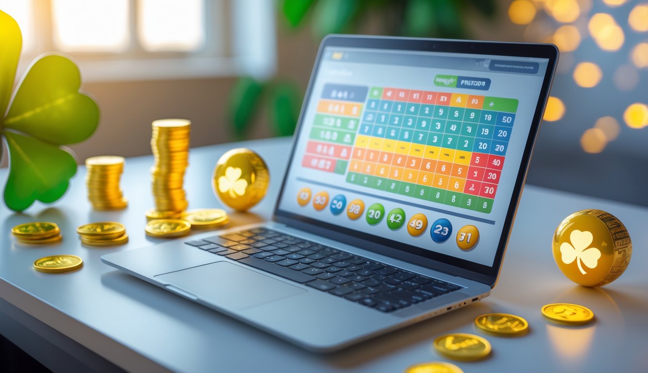 Sebuah laptop di meja dengan tampilan antarmuka lotre digital dan elemen keberuntungan seperti koin emas dan bola lotre di sekitarnya.