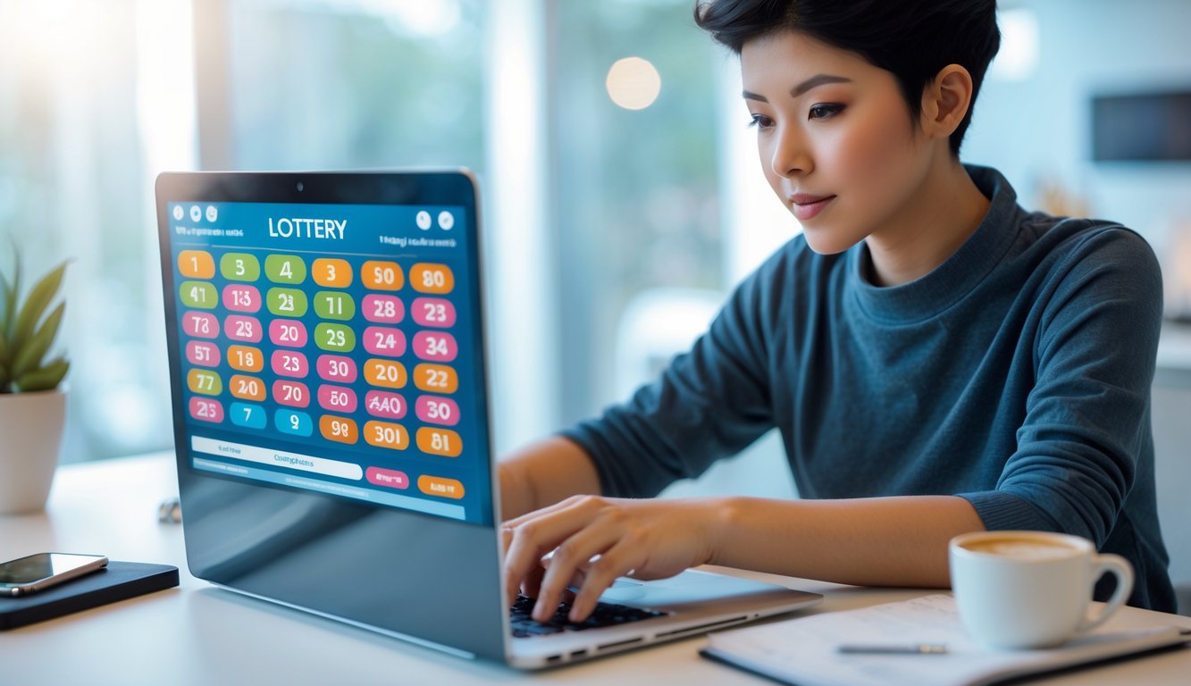 Seseorang duduk di depan laptop sedang memilih angka untuk permainan togel online dengan fokus dan serius.
