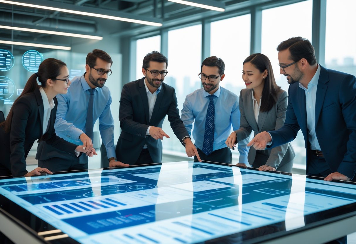 Un groupe de professionnels analysant des données sur une table tactile numérique dans un bureau moderne.