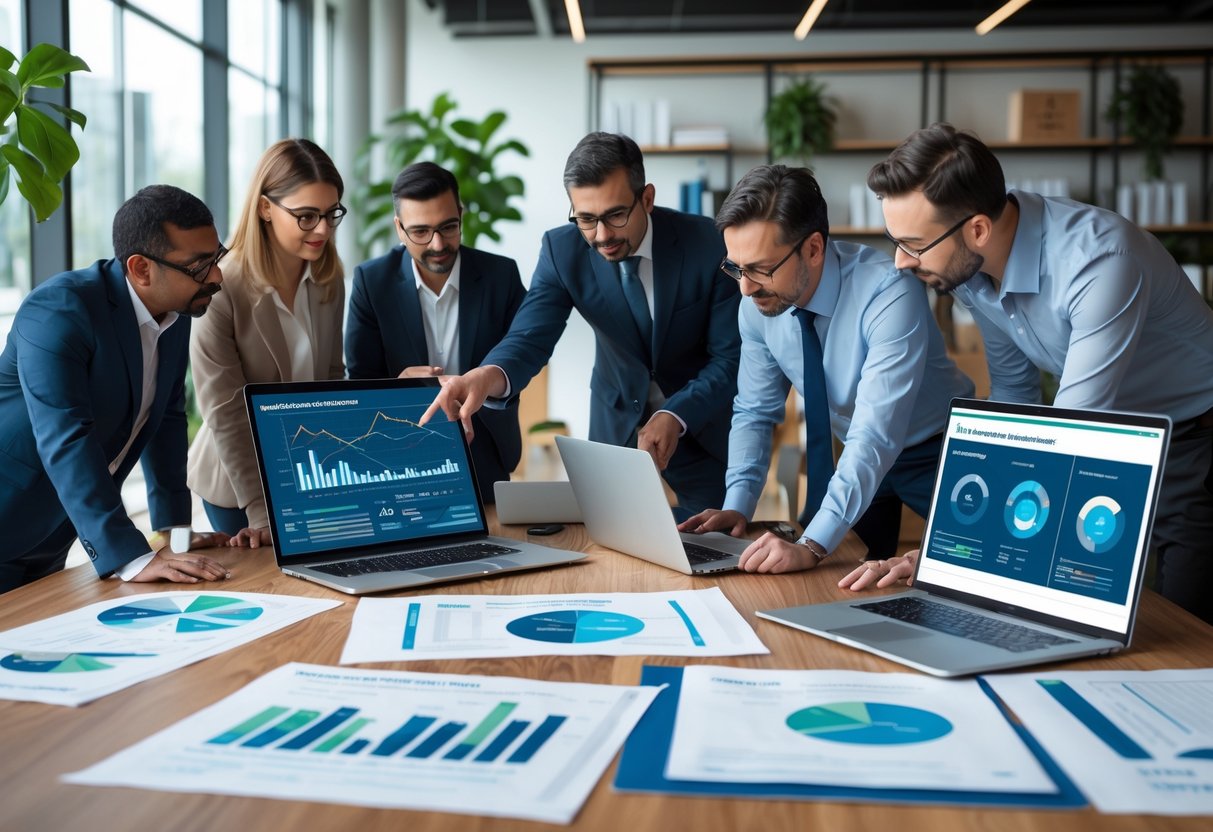 Des professionnels en réunion autour d'une table avec des documents et des ordinateurs analysant des données.