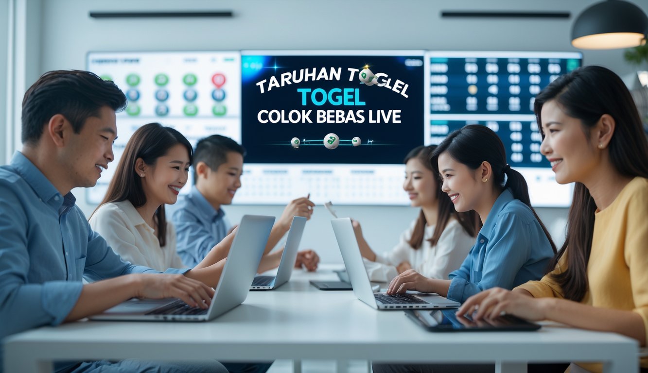 Beberapa orang menggunakan perangkat digital untuk mengikuti taruhan togel secara langsung dalam ruangan modern.