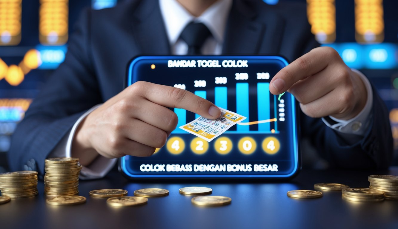 Seorang pria berpakaian rapi memegang tiket lotere di depan layar digital yang menampilkan angka dan grafik bonus besar.