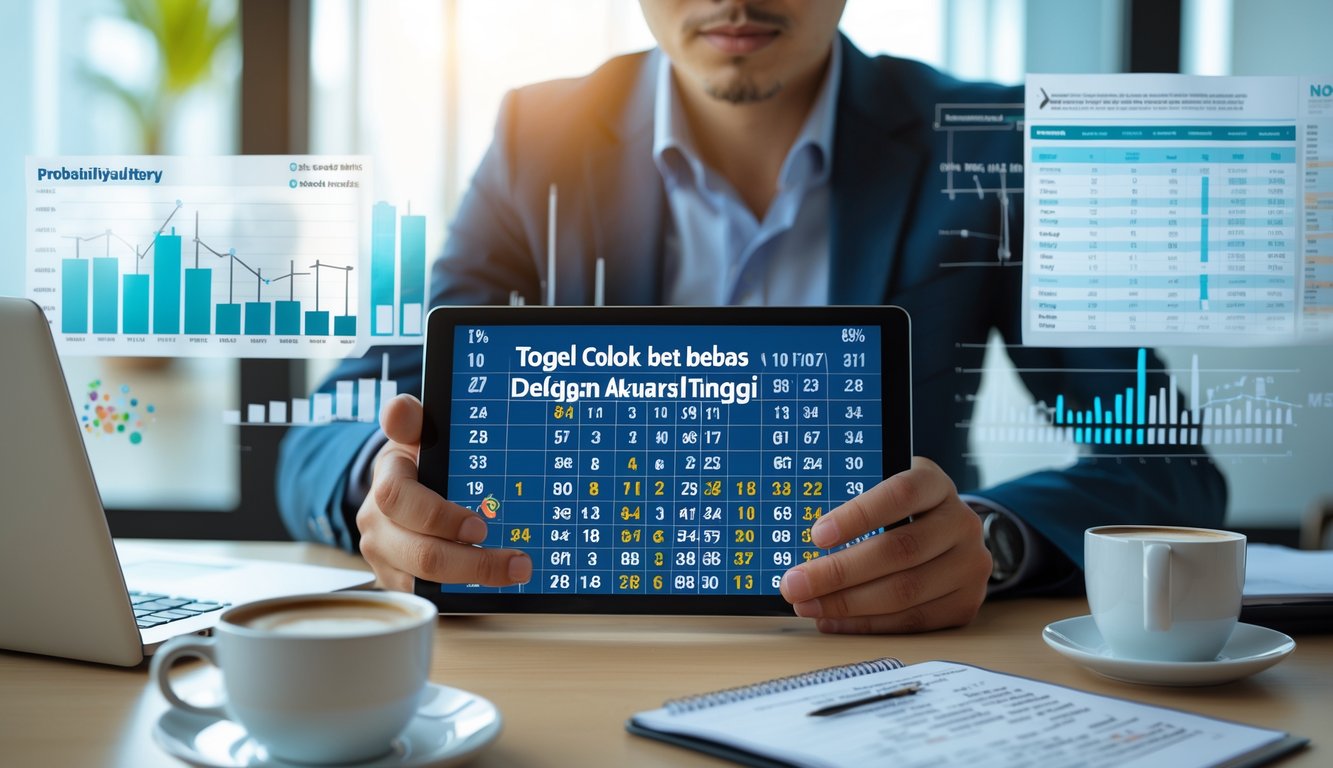 Seseorang sedang menganalisis angka togel dengan alat digital di ruang kantor yang rapi dan terang.