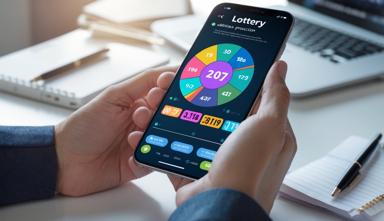 Tangan seseorang menggunakan ponsel pintar di atas meja kerja dengan laptop dan buku catatan di latar belakang.