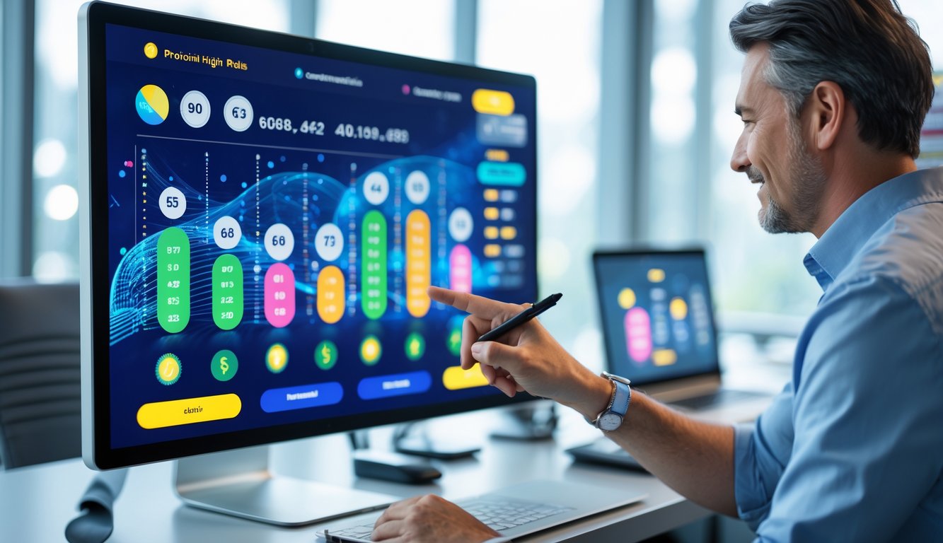 Seorang pria dewasa menggunakan layar sentuh interaktif dengan grafik dan angka terkait layanan togel resmi dalam suasana kantor modern.