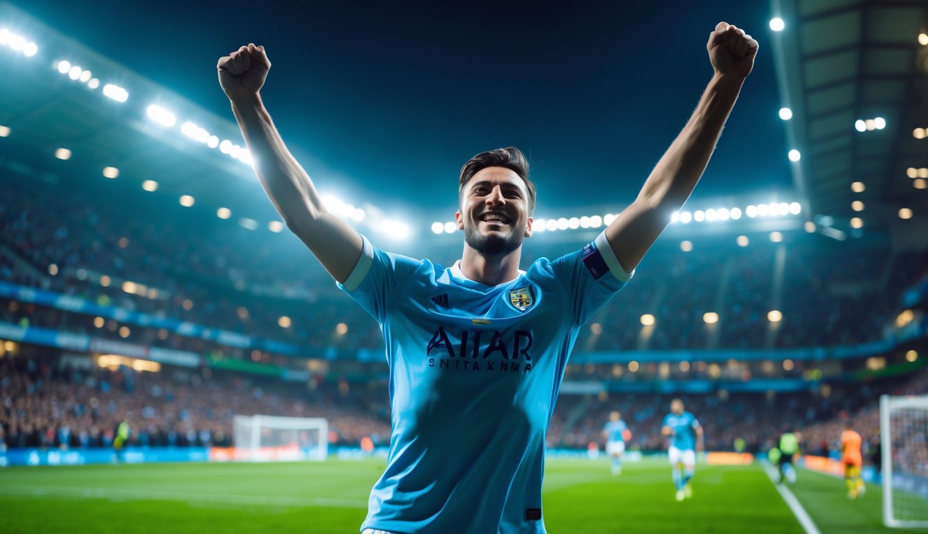 Seorang pemain sepak bola merayakan gol terakhir di stadion yang penuh penonton.