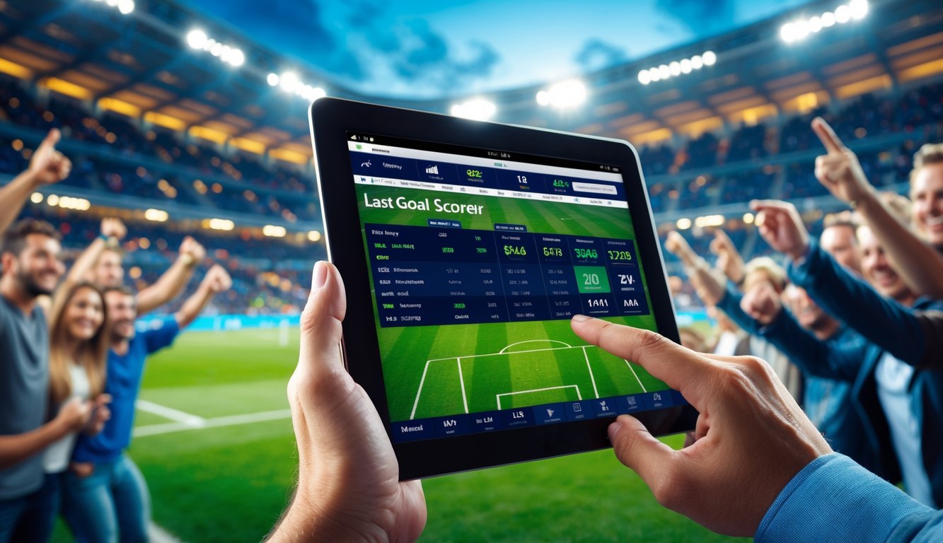 Orang-orang menonton pertandingan sepak bola di stadion dengan layar perangkat digital yang menampilkan aplikasi taruhan olahraga.