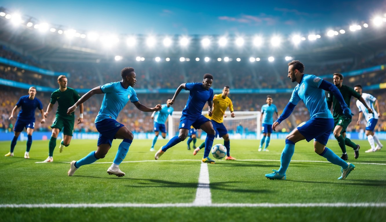 Para pemain sepak bola sedang beraksi di lapangan hijau dengan satu pemain bersiap menendang bola menuju gawang saat kiper bersiap menghalau.