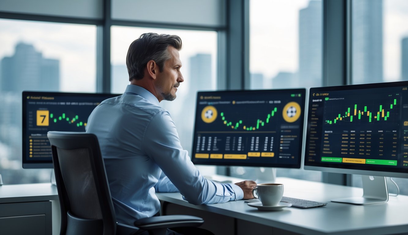 Seorang pria bisnis duduk di meja kantor modern sambil menganalisis data taruhan olahraga di beberapa layar komputer.