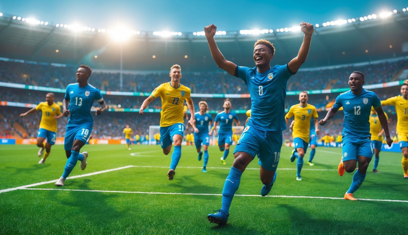 Seorang pemain sepak bola merayakan gol terakhir dengan rekan setim di lapangan hijau dan penonton di tribun stadion.