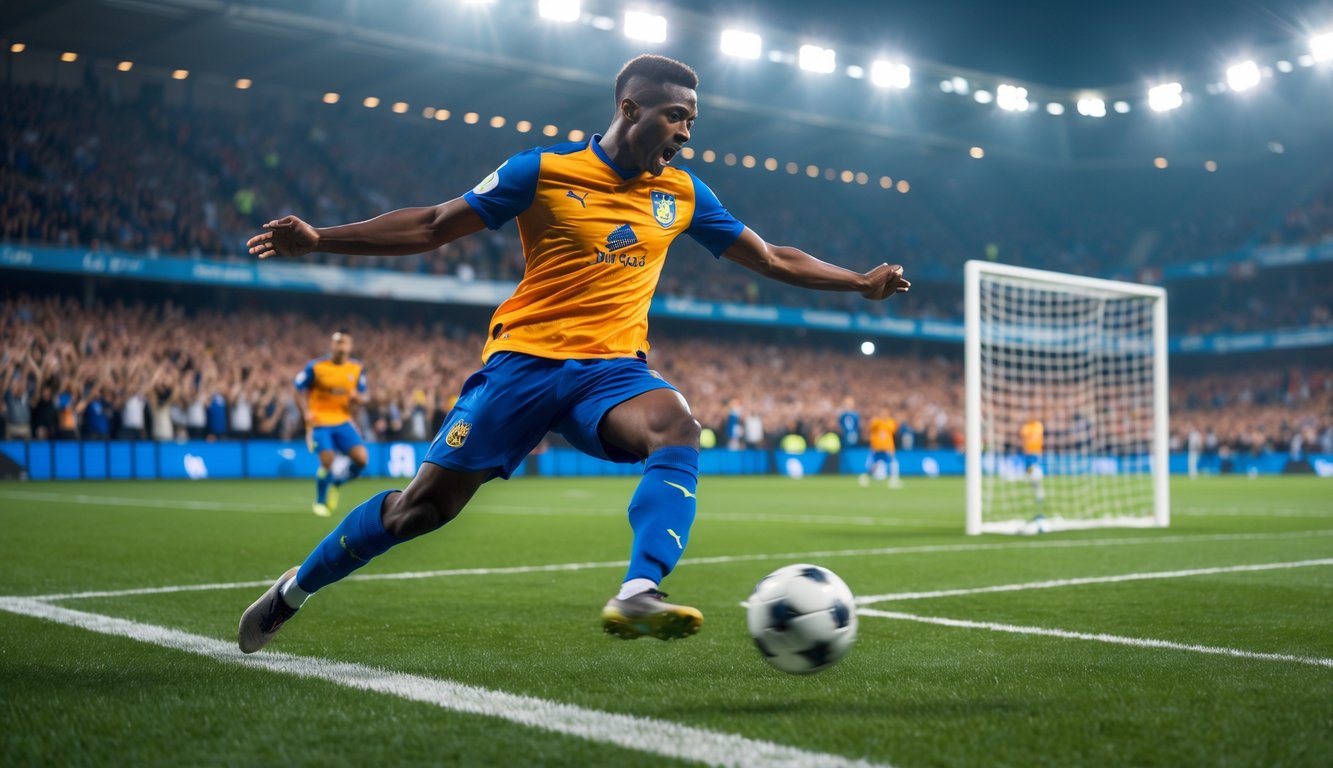 Seorang pemain sepak bola sedang mencetak gol terakhir dalam pertandingan di stadion yang penuh penonton.