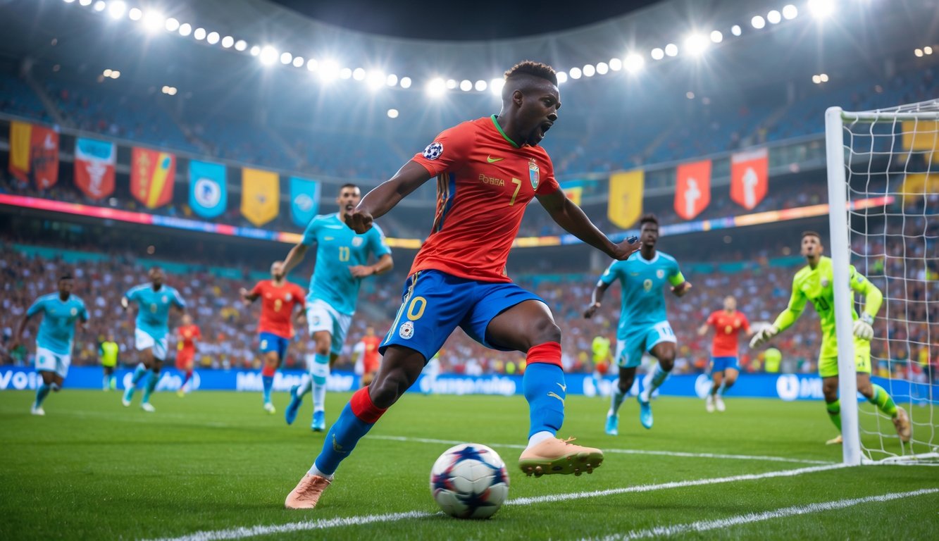 Seorang pemain sepak bola sedang menendang bola ke gawang di stadion penuh penonton saat pertandingan penting tahun 2025.