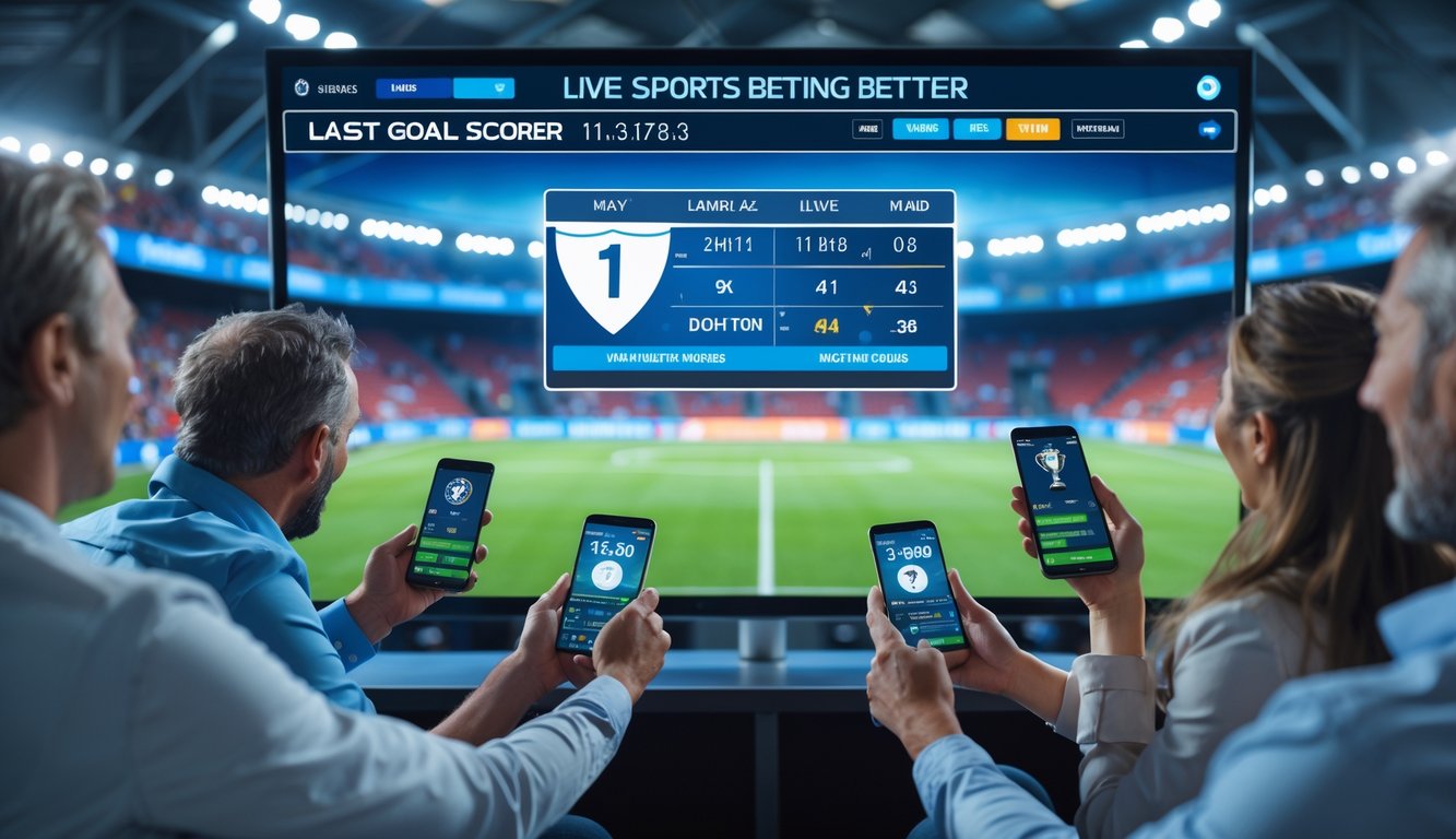 Orang-orang sedang menggunakan perangkat elektronik untuk memasang taruhan langsung pada pertandingan sepak bola dengan suasana stadion yang ramai.