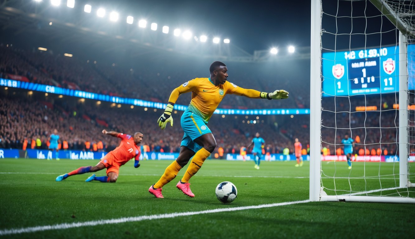 Seorang pemain sepak bola berlari menuju gawang dengan bola, penjaga gawang melompat untuk menyelamatkan, di stadion penuh penonton dan lampu sorot menyala.
