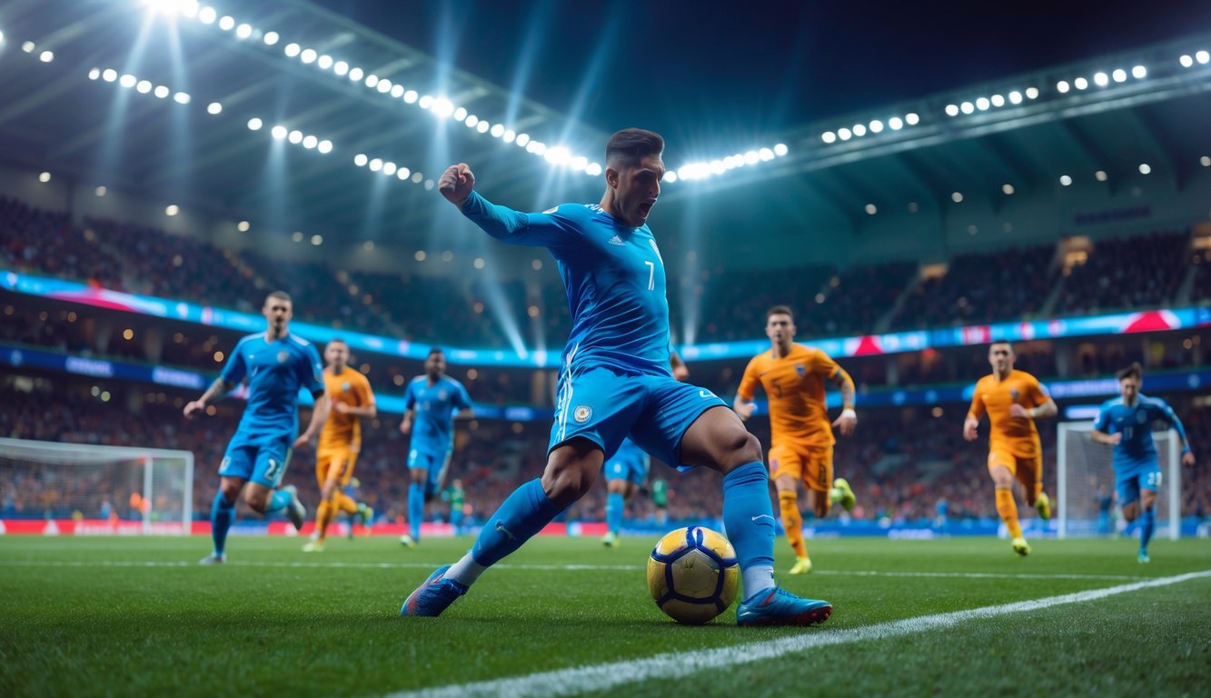 Seorang pemain sepak bola sedang mencetak gol terakhir dalam pertandingan dengan rekan setimnya di stadion yang penuh penonton.